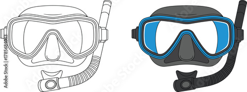 Scuba diving mask vector, snorkeling gear illustration, underwater swimming goggles with snorkel tube, professional dive equipment icon design