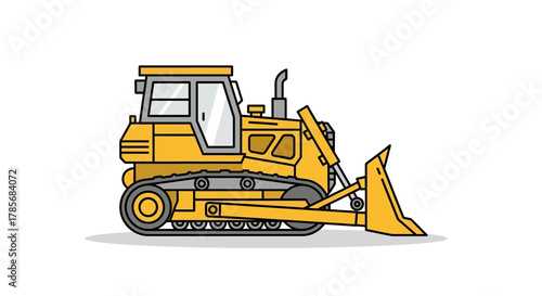 Yellow bulldozer with tracks and a blade on a white background.