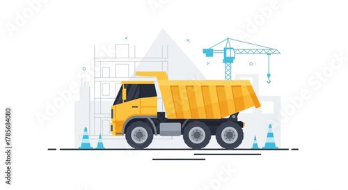 Illustration of a yellow dump truck at a construction site with a crane and building in the background.