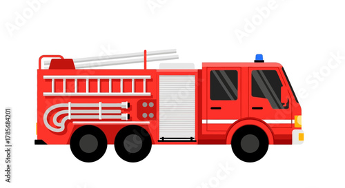 A red fire truck with a ladder on top and a blue light.