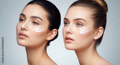 Two women with cream applied on faces for skincare or beauty treatment on neutral background