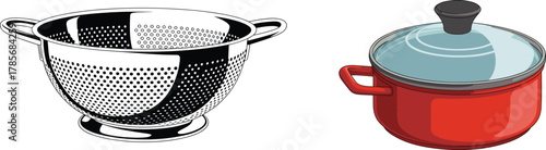 Kitchen cookware vector illustration, red pot with glass lid and metal colander, realistic and line art, cooking utensil design