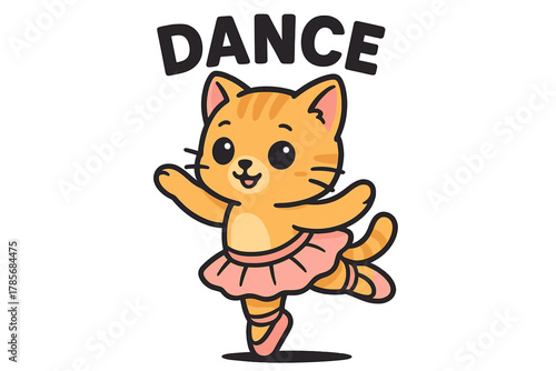 Cute orange cat in a pink tutu happily dancing under a cheerful word in a joyful environment