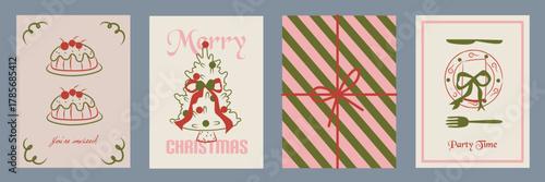 Hand drawn la dolce vita Christmas doodles. Vector illustration cards icon set with bows, cake, gift, tree. Minimalist winter line art for invitations, stationery, printables, social media, wall art.