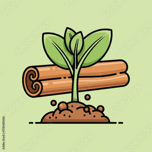 A sprout grows from soil with cinnamon sticks in the background