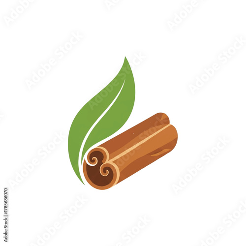 A stylized cinnamon stick and a green leaf