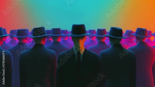 Mysterious figures in fedoras and suits under a colorful gradient sky
