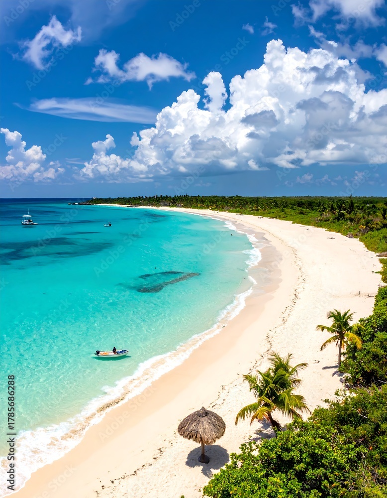 Obraz premium Aerial view reveals a picturesque beach with white sands, turquoise waters, and lush greenery