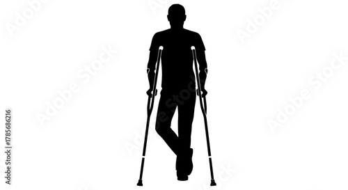 Silhouette of man walking with crutches medical mobility aid help