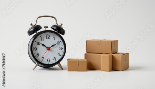 Create an image featuring a black alarm clock and cardboard boxes on a white background