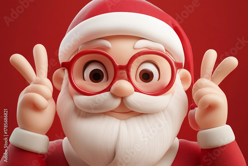 Santa Claus with red glasses on red background, 3D rendering, festive Christmas and New Year character