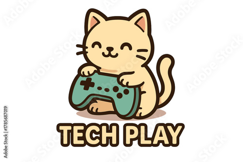 Cute cartoon cat plays video games while holding a game controller in a fun design for a playful gaming experience