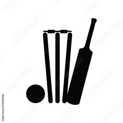 Cricket equipment silhouette bat ball wicket sports icon