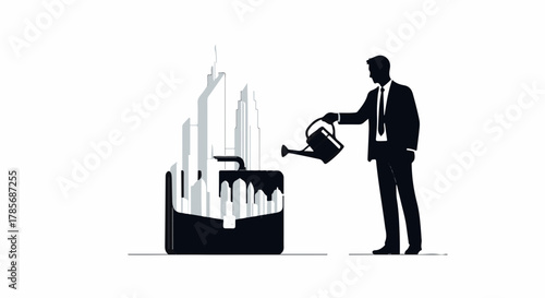 Businessman carefully watering a briefcase filled with growing city skyline, symbolizing business growth and investment.