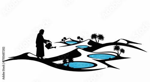 Silhouette of a person nurturing small oases in a desert landscape