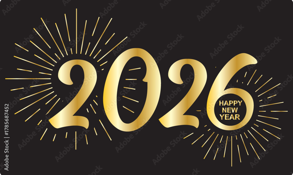 Fototapeta premium Elegant golden 2026 Happy New Year design. Luxury 2026 Happy New Year graphic with shiny gold text fireworks logo, gold New Year number ideal for festive celebrations and invitations.