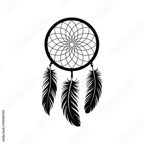 Black and white dreamcatcher with three feathers