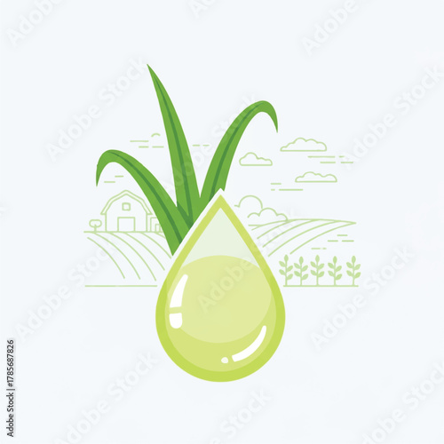 Aloe vera drop with farm and field illustration