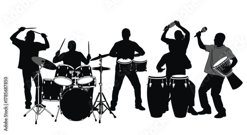 Silhouette of musicians playing drums percussion musical instruments
