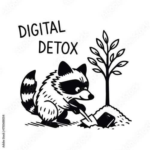 Cartoon raccoon burying smartphone beside tree with “Digital Detox” text in black and white line style, vector, tracing
