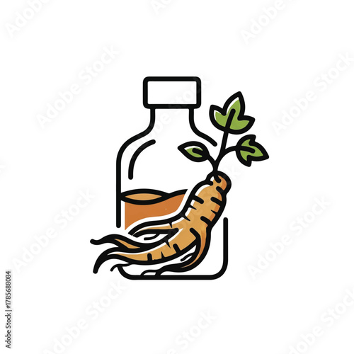 Bottle with liquid ginseng root and green leaves