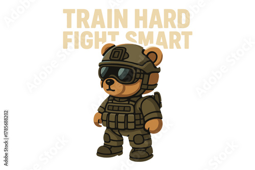 Cute bear in military gear wearing sunglasses promotes fitness and determination with a motivational message