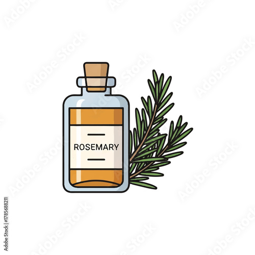Bottle of rosemary oil next to a rosemary sprig
