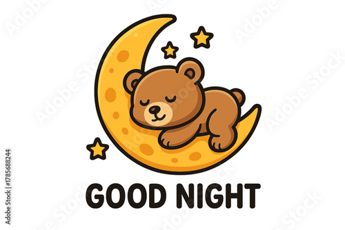 Cute bear sleeping on a crescent moon with stars in a night sky illustration for children's bedtime themes