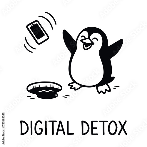 Cartoon penguin joyfully throwing smartphone into trash with “Digital Detox” text in black and white line style, vector, tracing