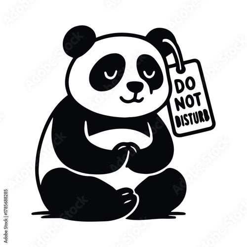 Cartoon panda meditating with “Do Not Disturb” tag in black and white line style, vector, tracing