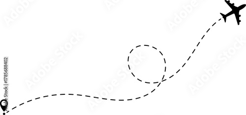 Airplane Route Icon. Travel symbol. Airplane Line Path Icon Set of Air Plane Flight Route.