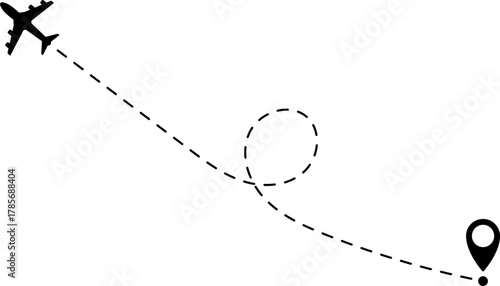 Airplane Route Icon. Travel symbol. Airplane Line Path Icon Set of Air Plane Flight Route.
