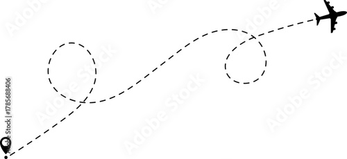 Airplane Route Icon. Travel symbol. Airplane Line Path Icon Set of Air Plane Flight Route.