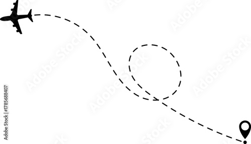 Airplane Route Icon. Travel symbol. Airplane Line Path Icon Set of Air Plane Flight Route.