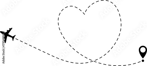 Airplane Route Icon. Travel symbol. Airplane Line Path Icon Set of Air Plane Flight Route.