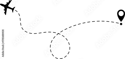 Airplane Route Icon. Travel symbol. Airplane Line Path Icon Set of Air Plane Flight Route.