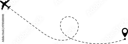 Airplane Route Icon. Travel symbol. Airplane Line Path Icon Set of Air Plane Flight Route.