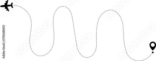 Airplane Route Icon. Travel symbol. Airplane Line Path Icon Set of Air Plane Flight Route.