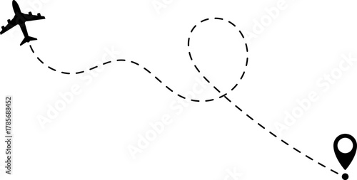 Airplane Route Icon. Travel symbol. Airplane Line Path Icon Set of Air Plane Flight Route.