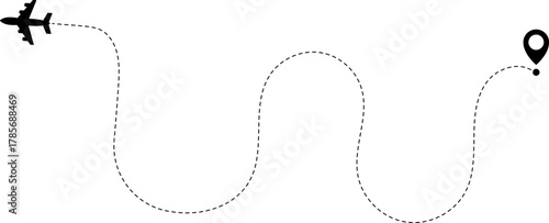 Airplane Route Icon. Travel symbol. Airplane Line Path Icon Set of Air Plane Flight Route.