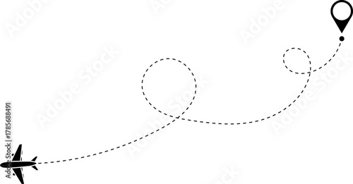 Airplane Route Icon. Travel symbol. Airplane Line Path Icon Set of Air Plane Flight Route.