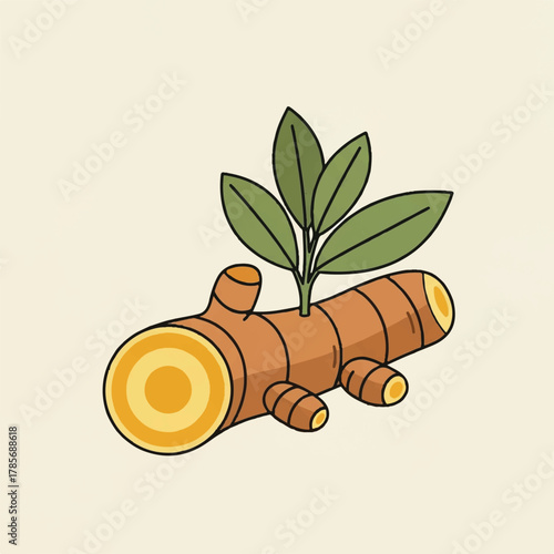 Cartoon illustration of a turmeric root with leaves