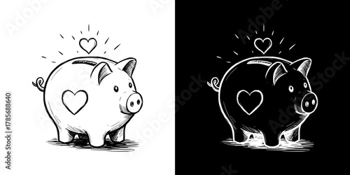 Piggy bank with heart symbol, mental health, care, charity, isolated vector image, two design options on transparent and black background, pencil drawing, chalk drawing 