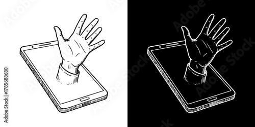 Hand emerging from smartphone screen, mental health, helping hand, online psychologist consultation, isolated vector image on transparent and black background, pencil drawing, chalk drawing
