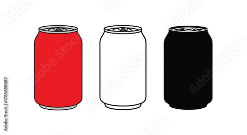Three aluminum soda cans red white black beverage drink illustration