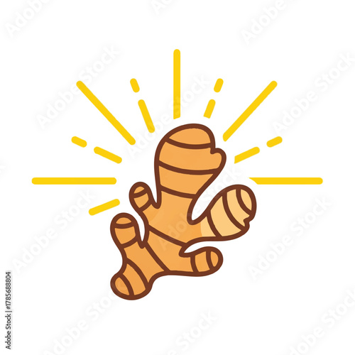 Cartoon ginger root with yellow radiating lines