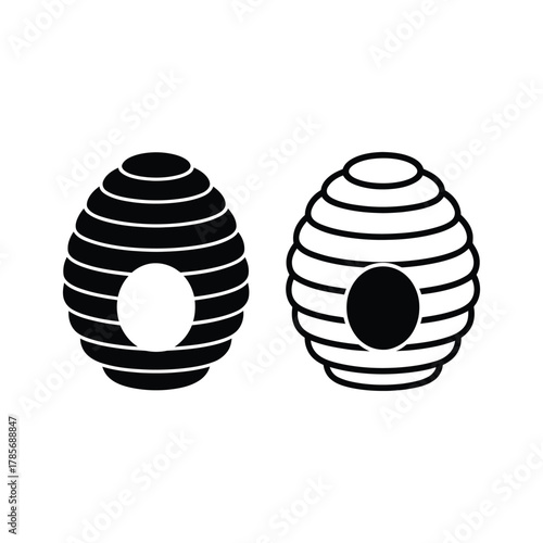 Two stylized beehives side by side black and white
