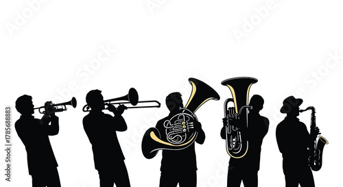 Silhouette band musicians playing brass and woodwind instruments