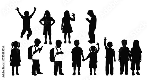 Silhouette group of children kids playing school activity vector