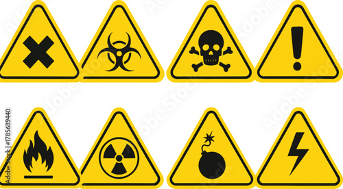 Danger and Warning Sign Icon Set – Toxic, Biohazard, Poison, and Chemical Hazard Yellow Triangle Symbols.